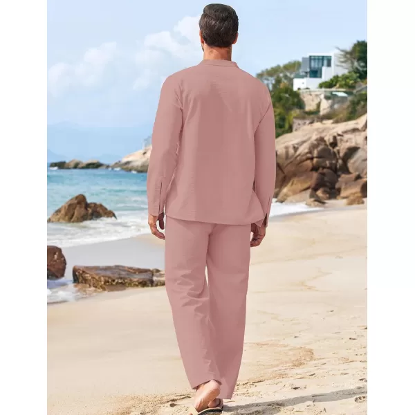 COOFANDY Men's 2 Piece Linen Set Long Sleeve Henley Shirts Casual Beach Pants With Pockets Summer Yoga Outfits
