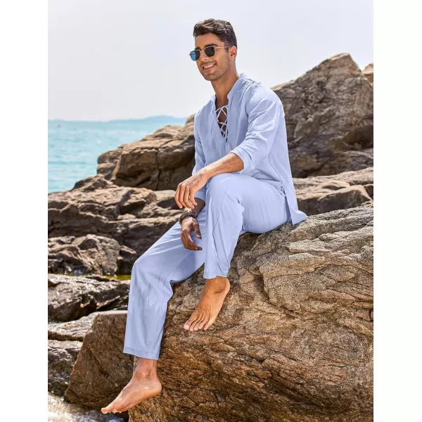 COOFANDY Men's 2 Piece Linen Set Long Sleeve Henley Shirts Casual Beach Pants With Pockets Summer Yoga Outfits