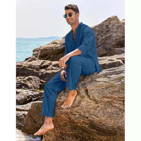 COOFANDY Men's 2 Piece Linen Set Long Sleeve Henley Shirts Casual Beach Pants With Pockets Summer Yoga Outfits
