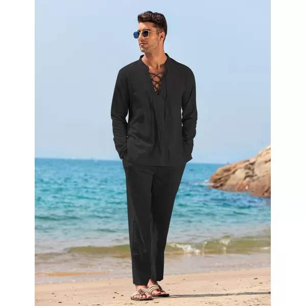COOFANDY Men's 2 Piece Linen Set Long Sleeve Henley Shirts Casual Beach Pants With Pockets Summer Yoga Outfits