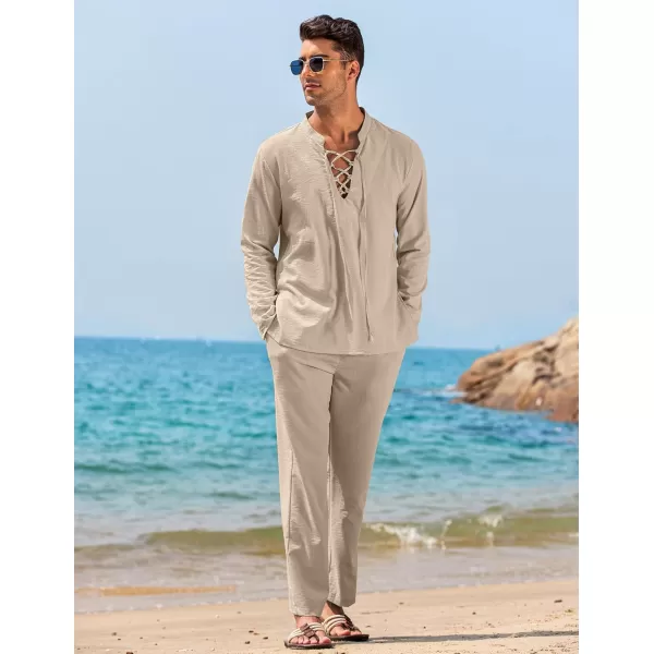COOFANDY Men's 2 Piece Linen Set Long Sleeve Henley Shirts Casual Beach Pants With Pockets Summer Yoga Outfits