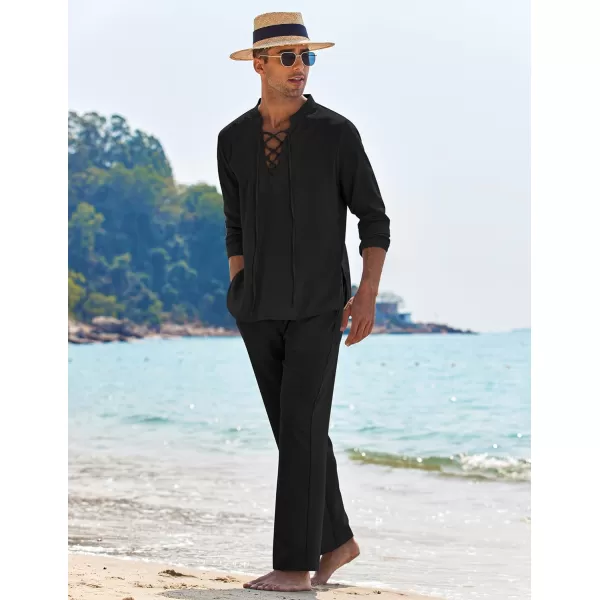 COOFANDY Men's 2 Piece Linen Set Long Sleeve Henley Shirts Casual Beach Pants With Pockets Summer Yoga Outfits