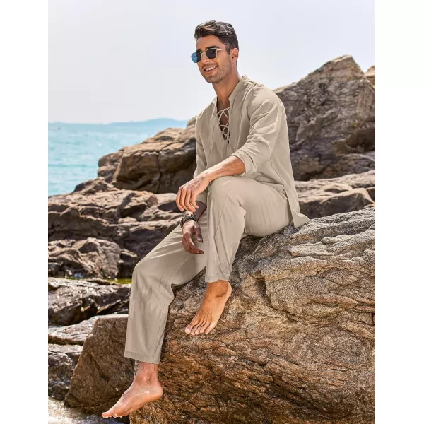 COOFANDY Men's 2 Piece Linen Set Long Sleeve Henley Shirts Casual Beach Pants With Pockets Summer Yoga Outfits