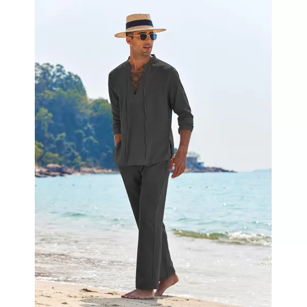 COOFANDY Men's 2 Piece Linen Set Long Sleeve Henley Shirts Casual Beach Pants With Pockets Summer Yoga Outfits