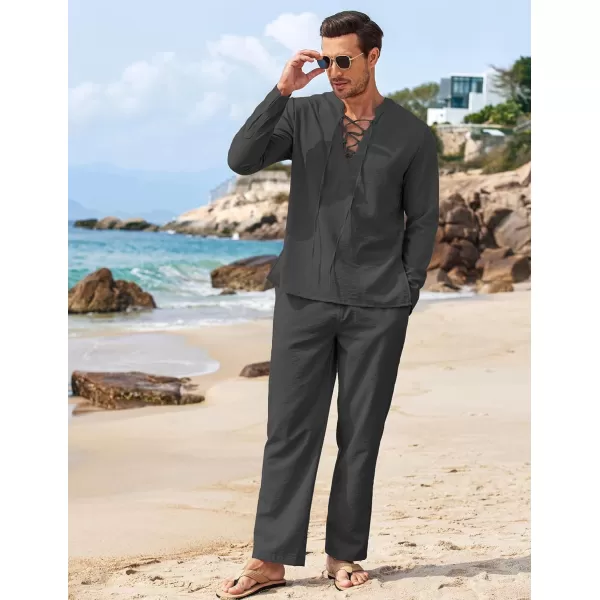 COOFANDY Men's 2 Piece Linen Set Long Sleeve Henley Shirts Casual Beach Pants With Pockets Summer Yoga Outfits