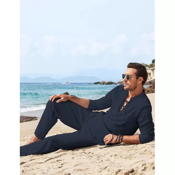 COOFANDY Men's 2 Piece Linen Set Long Sleeve Henley Shirts Casual Beach Pants With Pockets Summer Yoga Outfits