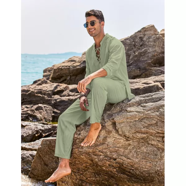 COOFANDY Men's 2 Piece Linen Set Long Sleeve Henley Shirts Casual Beach Pants With Pockets Summer Yoga Outfits