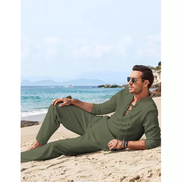 COOFANDY Men's 2 Piece Linen Set Long Sleeve Henley Shirts Casual Beach Pants With Pockets Summer Yoga Outfits