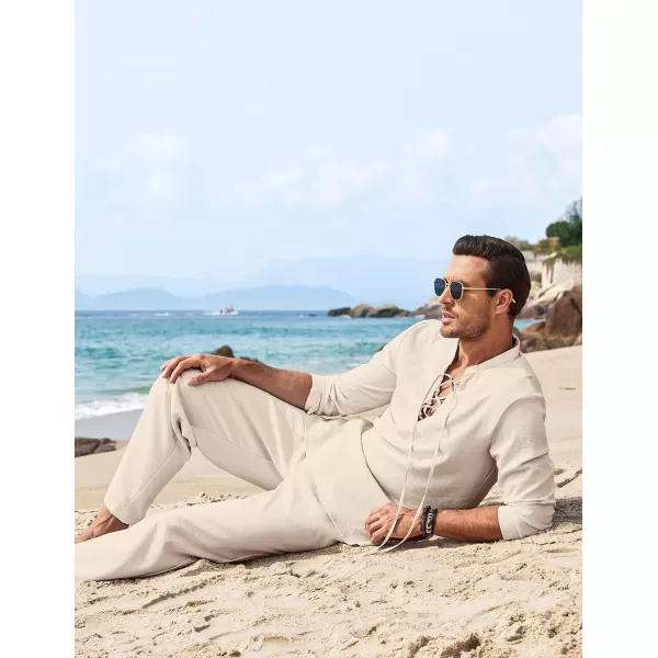 COOFANDY Men's 2 Piece Linen Set Long Sleeve Henley Shirts Casual Beach Pants With Pockets Summer Yoga Outfits