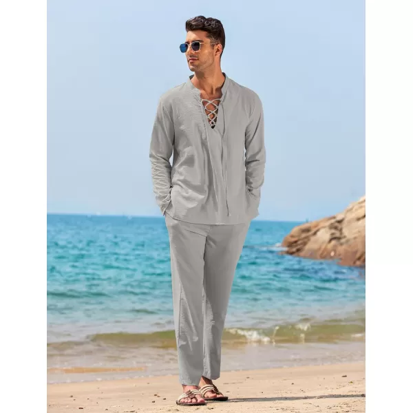 COOFANDY Men's 2 Piece Linen Set Long Sleeve Henley Shirts Casual Beach Pants With Pockets Summer Yoga Outfits