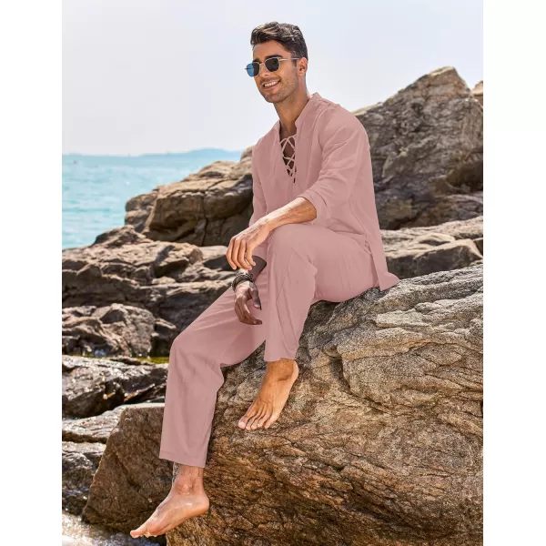 COOFANDY Men's 2 Piece Linen Set Long Sleeve Henley Shirts Casual Beach Pants With Pockets Summer Yoga Outfits