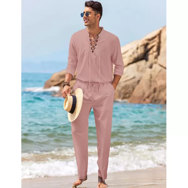 COOFANDY Men's 2 Piece Linen Set Long Sleeve Henley Shirts Casual Beach Pants With Pockets Summer Yoga Outfits