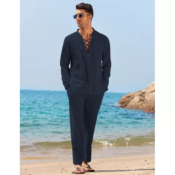 COOFANDY Men's 2 Piece Linen Set Long Sleeve Henley Shirts Casual Beach Pants With Pockets Summer Yoga Outfits