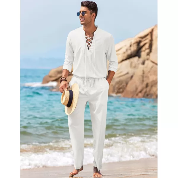 COOFANDY Men's 2 Piece Linen Set Long Sleeve Henley Shirts Casual Beach Pants With Pockets Summer Yoga Outfits