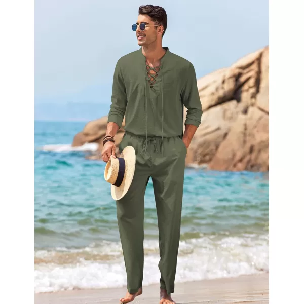 COOFANDY Men's 2 Piece Linen Set Long Sleeve Henley Shirts Casual Beach Pants With Pockets Summer Yoga Outfits