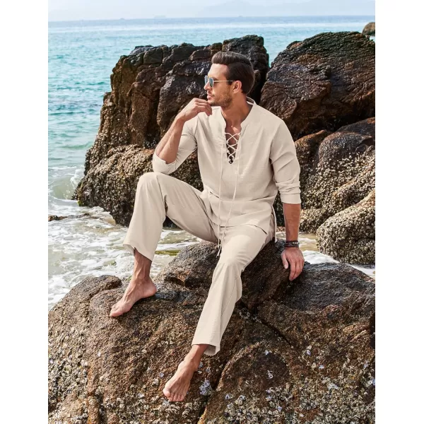 COOFANDY Men's 2 Piece Linen Set Long Sleeve Henley Shirts Casual Beach Pants With Pockets Summer Yoga Outfits