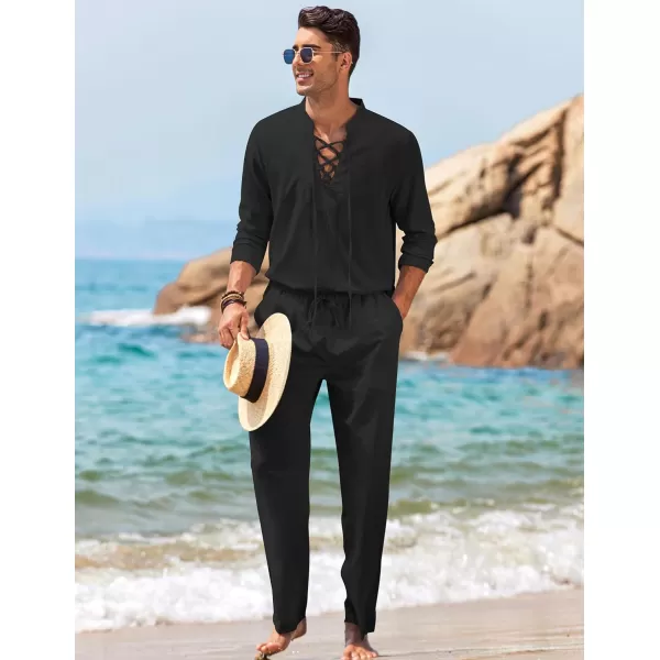 COOFANDY Men's 2 Piece Linen Set Long Sleeve Henley Shirts Casual Beach Pants With Pockets Summer Yoga Outfits