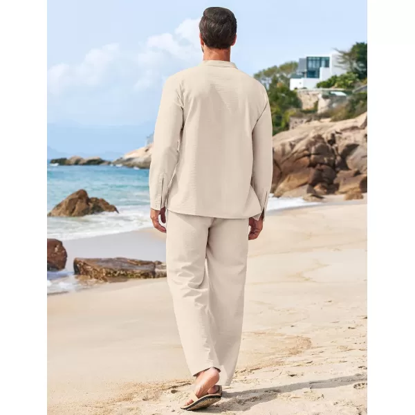 COOFANDY Men's 2 Piece Linen Set Long Sleeve Henley Shirts Casual Beach Pants With Pockets Summer Yoga Outfits