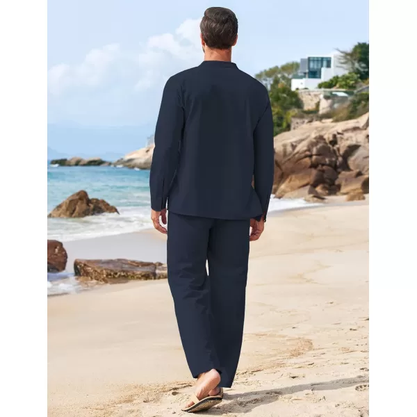 COOFANDY Men's 2 Piece Linen Set Long Sleeve Henley Shirts Casual Beach Pants With Pockets Summer Yoga Outfits