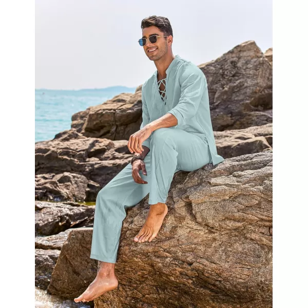COOFANDY Men's 2 Piece Linen Set Long Sleeve Henley Shirts Casual Beach Pants With Pockets Summer Yoga Outfits