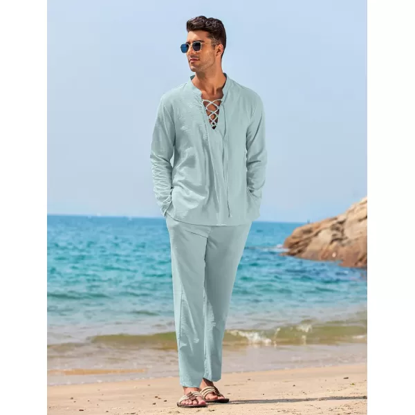 COOFANDY Men's 2 Piece Linen Set Long Sleeve Henley Shirts Casual Beach Pants With Pockets Summer Yoga Outfits