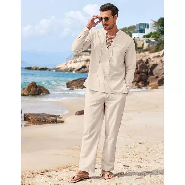 COOFANDY Men's 2 Piece Linen Set Long Sleeve Henley Shirts Casual Beach Pants With Pockets Summer Yoga Outfits