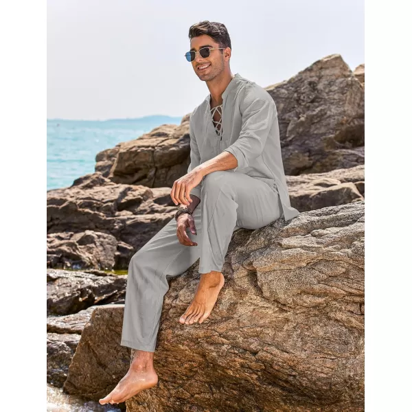 COOFANDY Men's 2 Piece Linen Set Long Sleeve Henley Shirts Casual Beach Pants With Pockets Summer Yoga Outfits