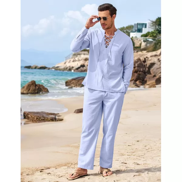 COOFANDY Men's 2 Piece Linen Set Long Sleeve Henley Shirts Casual Beach Pants With Pockets Summer Yoga Outfits