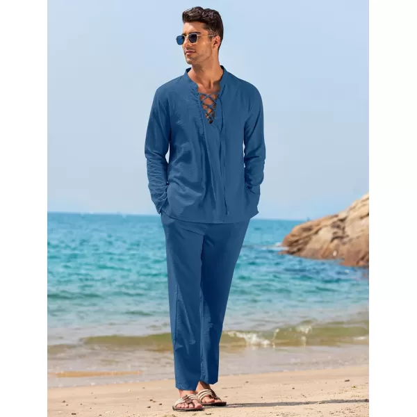 COOFANDY Men's 2 Piece Linen Set Long Sleeve Henley Shirts Casual Beach Pants With Pockets Summer Yoga Outfits