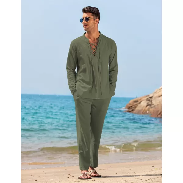 COOFANDY Men's 2 Piece Linen Set Long Sleeve Henley Shirts Casual Beach Pants With Pockets Summer Yoga Outfits