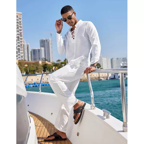 COOFANDY Men's 2 Piece Linen Set Long Sleeve Henley Shirts Casual Beach Pants With Pockets Summer Yoga Outfits