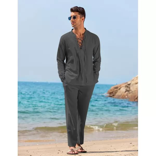 COOFANDY Men's 2 Piece Linen Set Long Sleeve Henley Shirts Casual Beach Pants With Pockets Summer Yoga Outfits