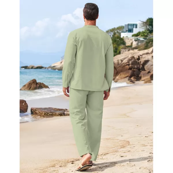 COOFANDY Men's 2 Piece Linen Set Long Sleeve Henley Shirts Casual Beach Pants With Pockets Summer Yoga Outfits