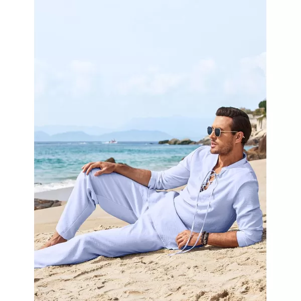 COOFANDY Men's 2 Piece Linen Set Long Sleeve Henley Shirts Casual Beach Pants With Pockets Summer Yoga Outfits