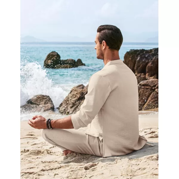 COOFANDY Men's 2 Piece Linen Set Long Sleeve Henley Shirts Casual Beach Pants With Pockets Summer Yoga Outfits