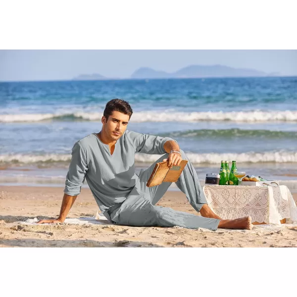 COOFANDY Men's 2 Pieces Cotton Linen Set Henley Shirt Long Sleeve and Casual Beach Pants Summer Yoga Outfits