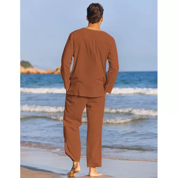 COOFANDY Men's 2 Pieces Cotton Linen Set Henley Shirt Long Sleeve and Casual Beach Pants Summer Yoga Outfits