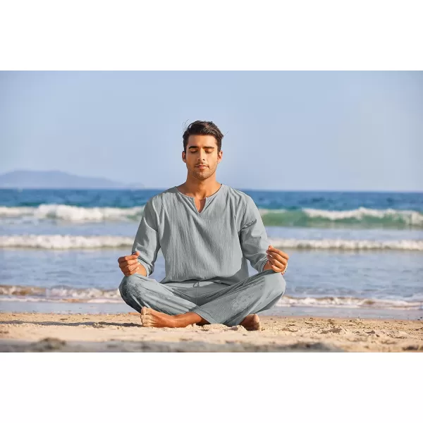 COOFANDY Men's 2 Pieces Cotton Linen Set Henley Shirt Long Sleeve and Casual Beach Pants Summer Yoga Outfits