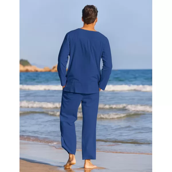 COOFANDY Men's 2 Pieces Cotton Linen Set Henley Shirt Long Sleeve and Casual Beach Pants Summer Yoga Outfits