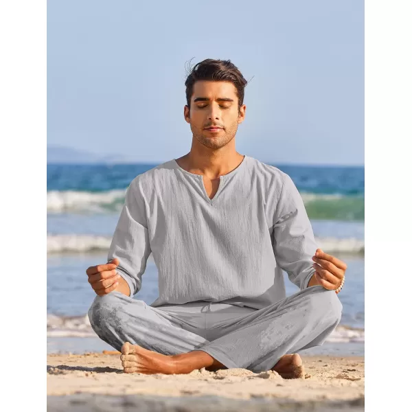COOFANDY Men's 2 Pieces Cotton Linen Set Henley Shirt Long Sleeve and Casual Beach Pants Summer Yoga Outfits