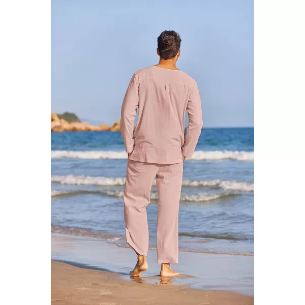 COOFANDY Men's 2 Pieces Cotton Linen Set Henley Shirt Long Sleeve and Casual Beach Pants Summer Yoga Outfits