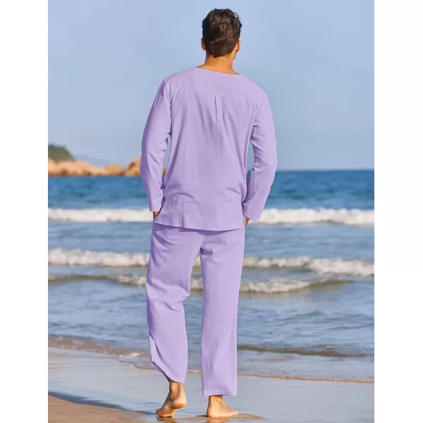 COOFANDY Men's 2 Pieces Cotton Linen Set Henley Shirt Long Sleeve and Casual Beach Pants Summer Yoga Outfits