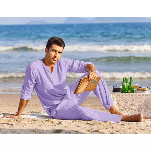 COOFANDY Men's 2 Pieces Cotton Linen Set Henley Shirt Long Sleeve and Casual Beach Pants Summer Yoga Outfits