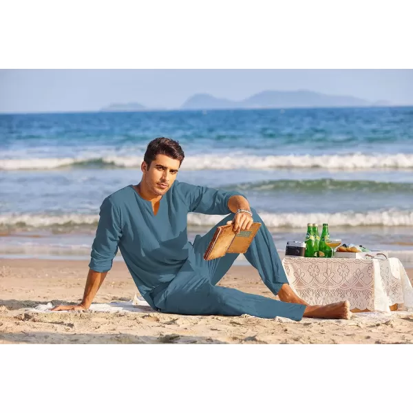 COOFANDY Men's 2 Pieces Cotton Linen Set Henley Shirt Long Sleeve and Casual Beach Pants Summer Yoga Outfits