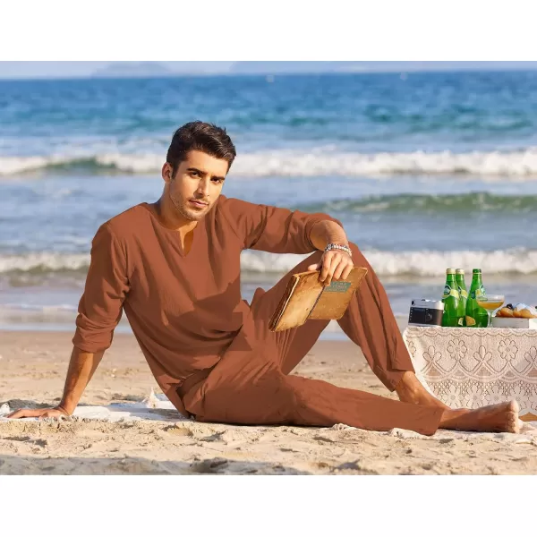 COOFANDY Men's 2 Pieces Cotton Linen Set Henley Shirt Long Sleeve and Casual Beach Pants Summer Yoga Outfits