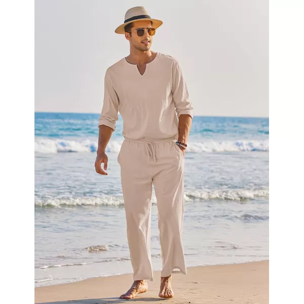 COOFANDY Men's 2 Pieces Cotton Linen Set Henley Shirt Long Sleeve and Casual Beach Pants Summer Yoga Outfits