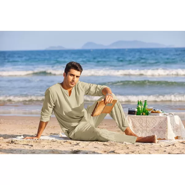 COOFANDY Men's 2 Pieces Cotton Linen Set Henley Shirt Long Sleeve and Casual Beach Pants Summer Yoga Outfits