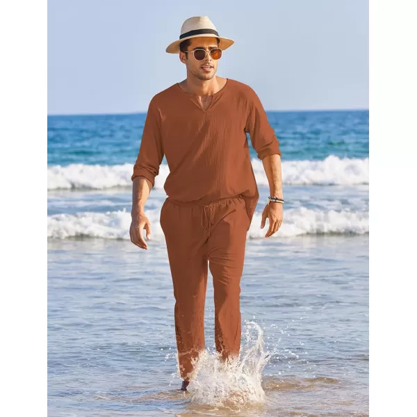 COOFANDY Men's 2 Pieces Cotton Linen Set Henley Shirt Long Sleeve and Casual Beach Pants Summer Yoga Outfits