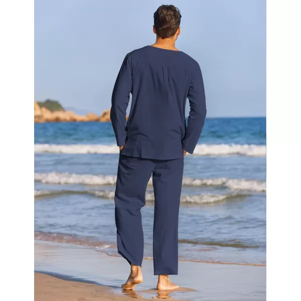 COOFANDY Men's 2 Pieces Cotton Linen Set Henley Shirt Long Sleeve and Casual Beach Pants Summer Yoga Outfits