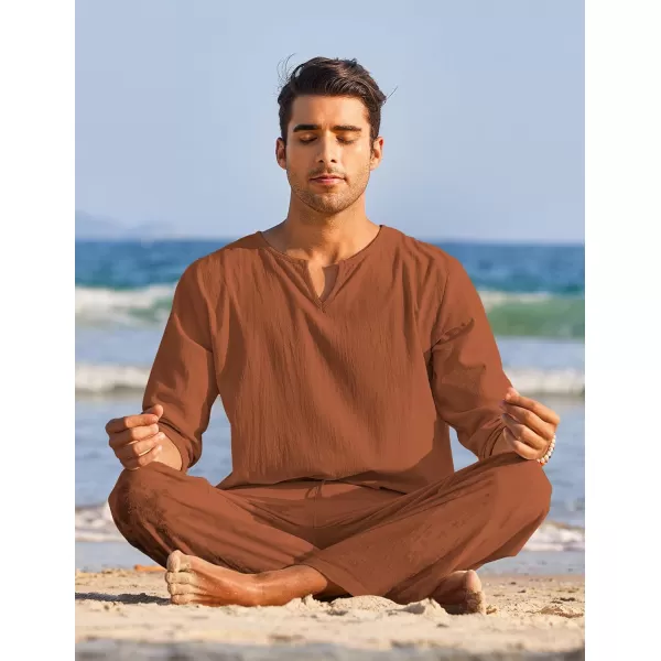 COOFANDY Men's 2 Pieces Cotton Linen Set Henley Shirt Long Sleeve and Casual Beach Pants Summer Yoga Outfits